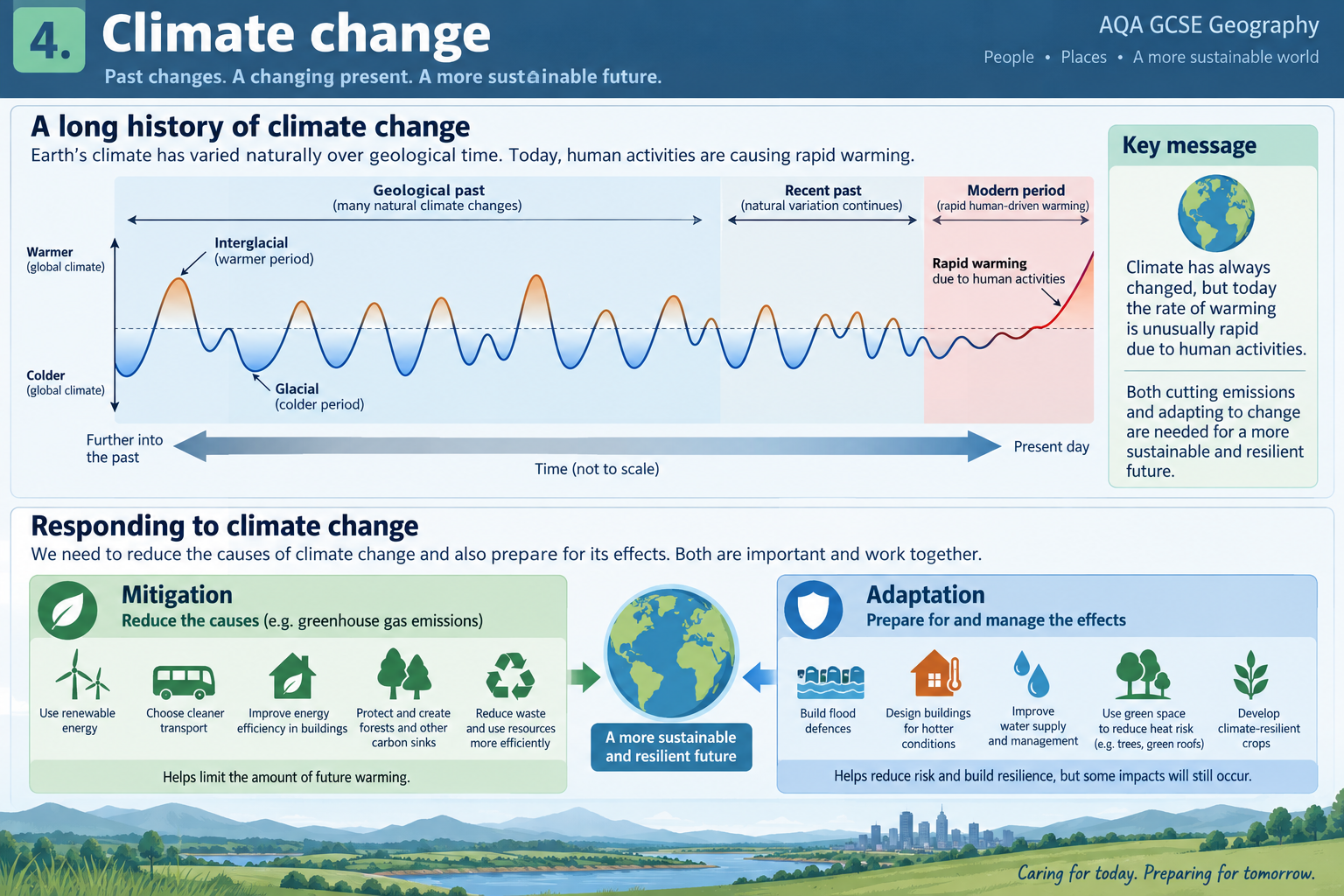 Climate-change evidence timeline and mitigation/adaptation comparison