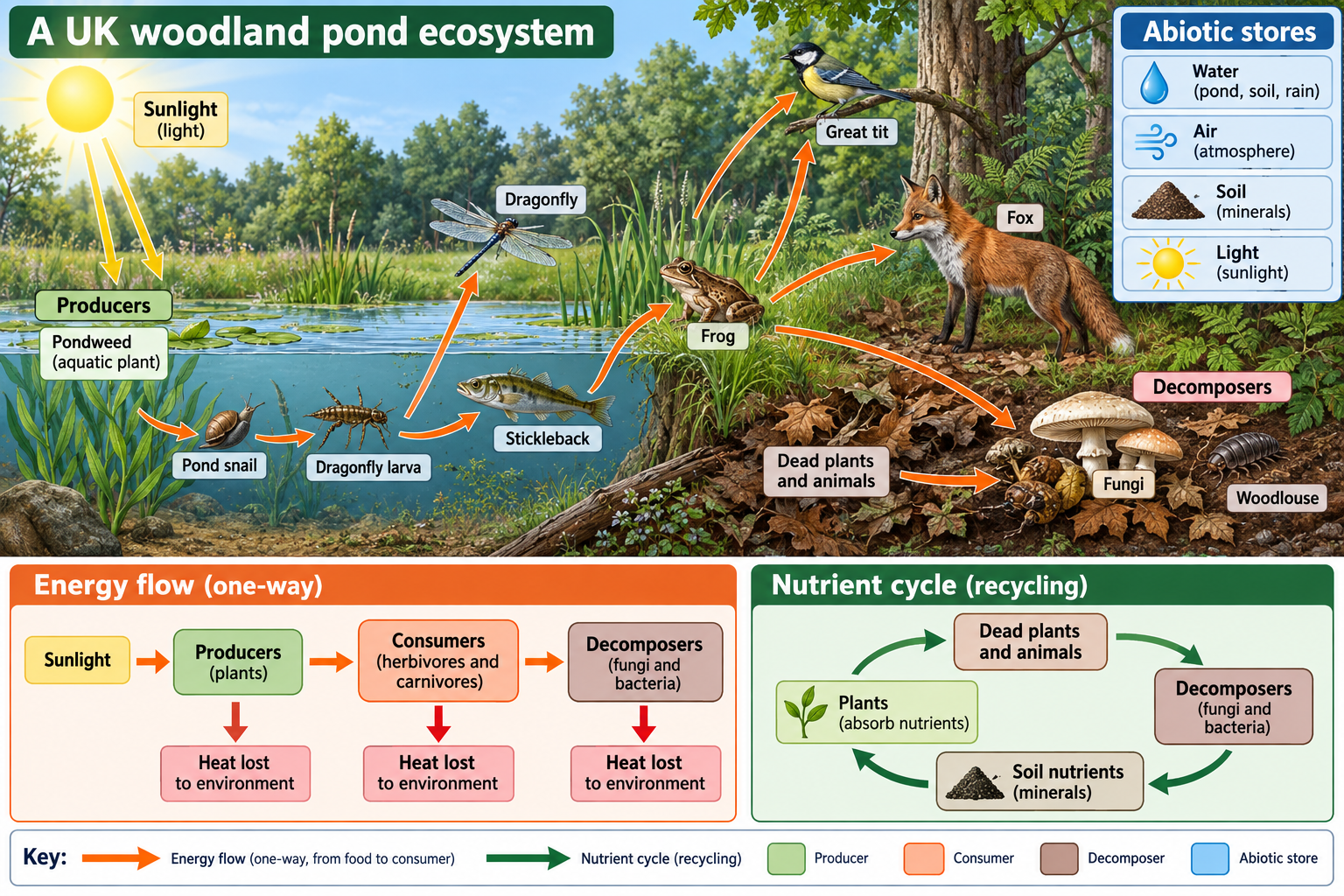UK ecosystem food web with energy flow and nutrient cycling