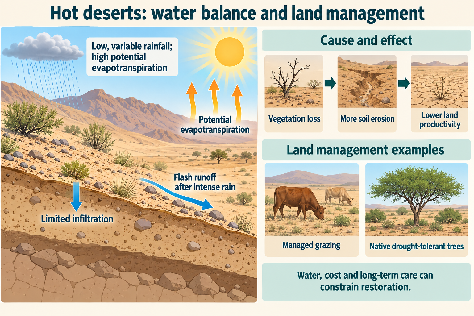 Hot-desert water balance and dryland degradation pathway