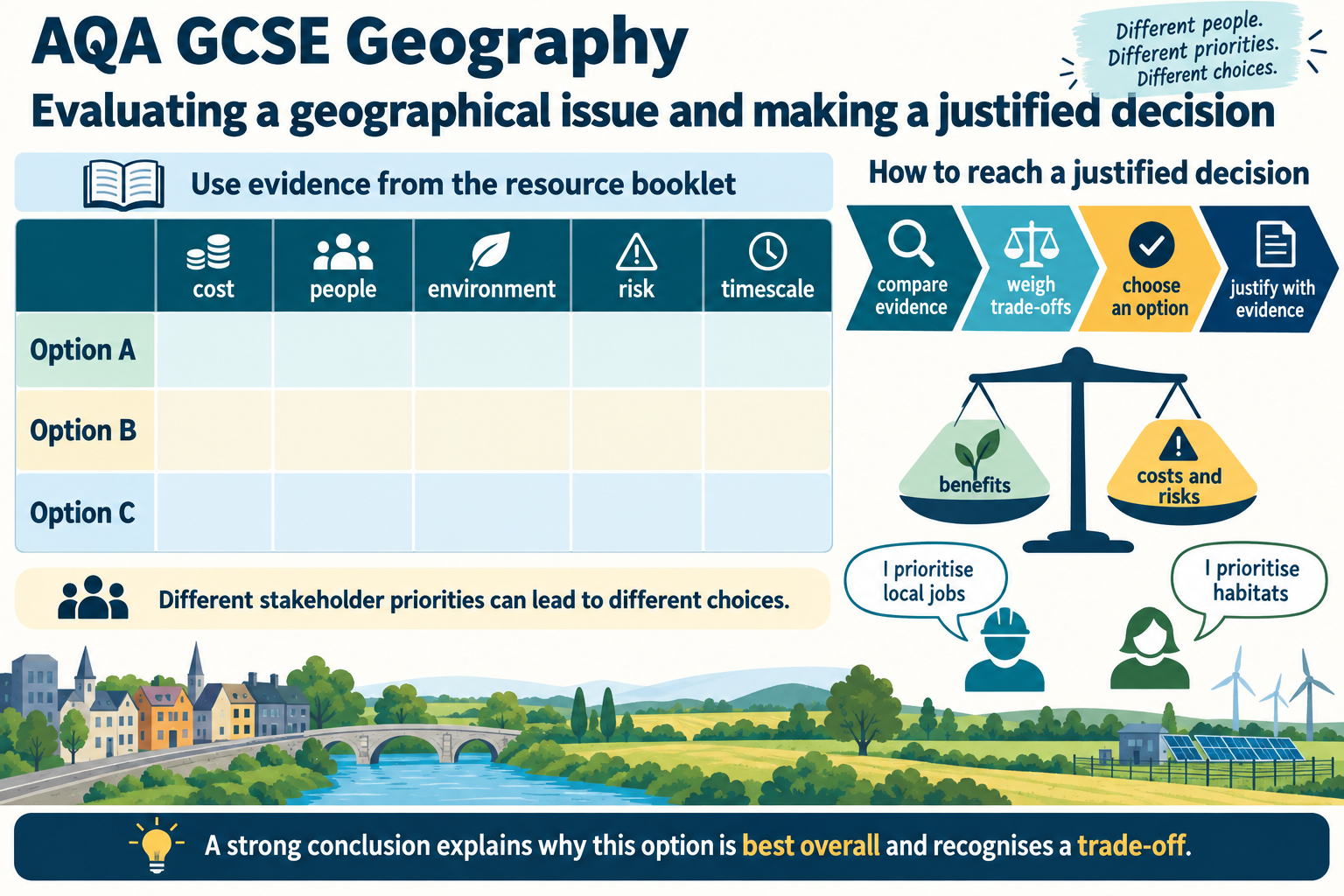 Issue-evaluation decision matrix with evidence and stakeholder criteria