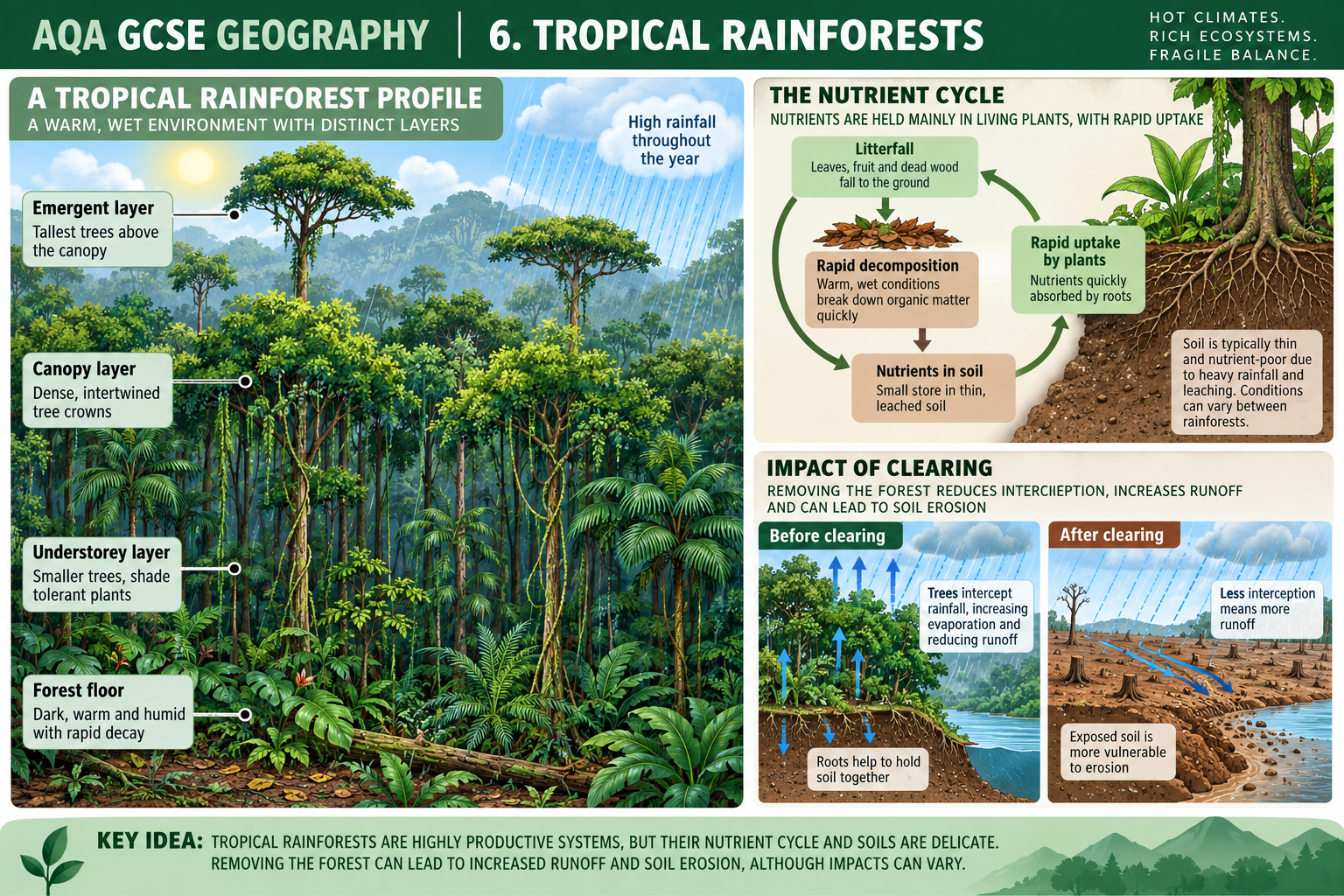 Rainforest structure and nutrient cycle with deforestation effects
