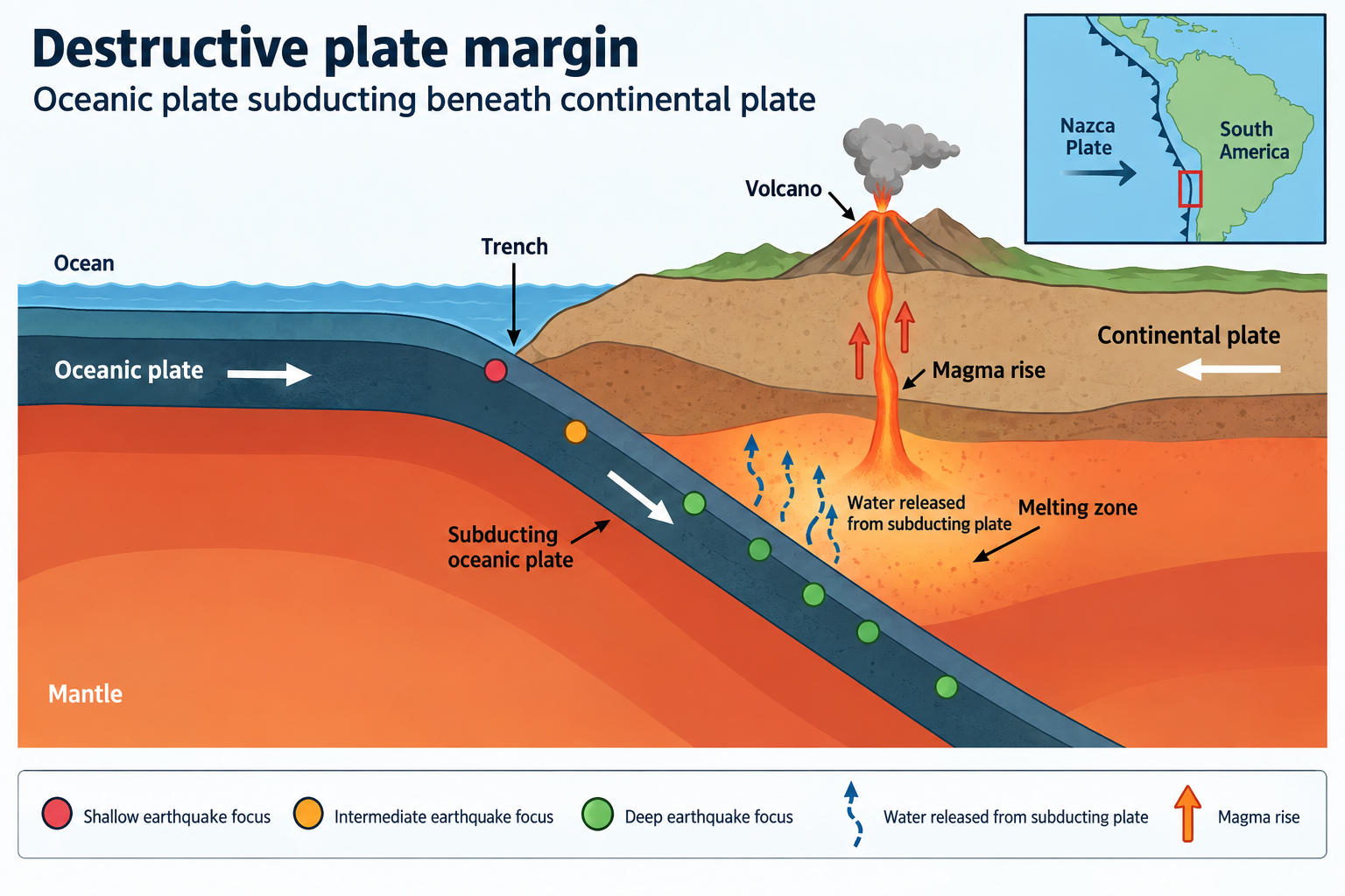 Subduction-zone cross-section showing earthquake and volcanic processes