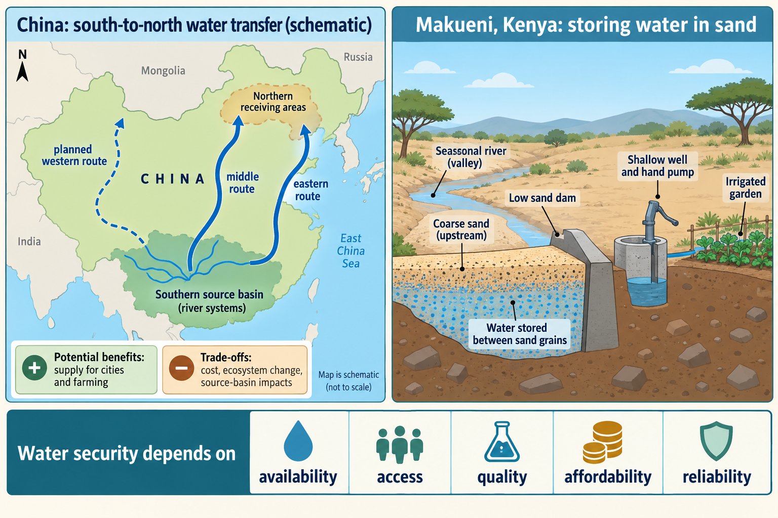 China inter-basin transfer and Makueni sand-dam water storage with security trade-offs