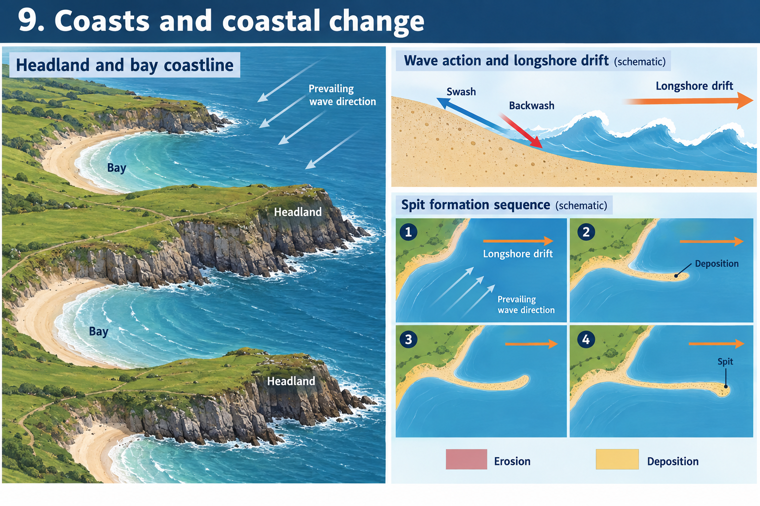 Coastal erosion landforms and longshore drift spit formation