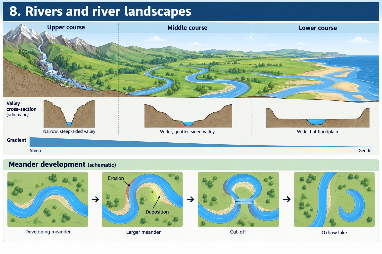 River long profile, valley shape and meander development