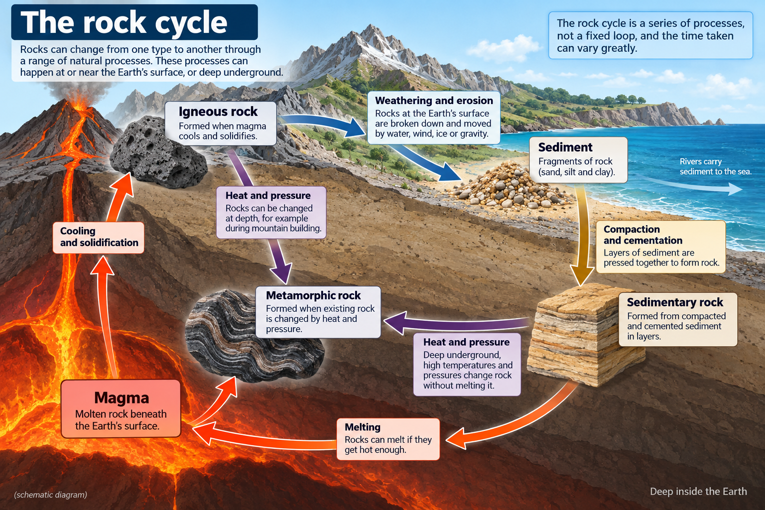 Rock cycle process diagram with three rock groups and formation processes